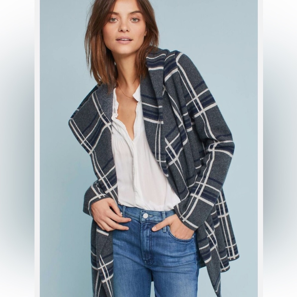 ANTHROPOLOGIE- Field Flower- Plaid Gray Sweater Coat
